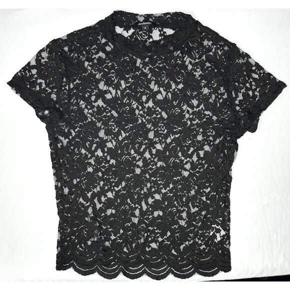 90's Ambiance Shirt Womens S Black Lace Sheer Cap Sleeve Scallop Hem Crop Top - Picture 2 of 14